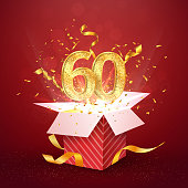 60 th years number anniversary and open gift box with explosions confetti isolated design element. Template sixty sixtieth birthday celebration on red background vector Illustration.