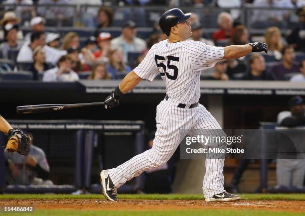 Russell Martin of the New York Yankees watches his two run home run in the bottom of the second inning against the New York Mets on May 21, 2011 at...