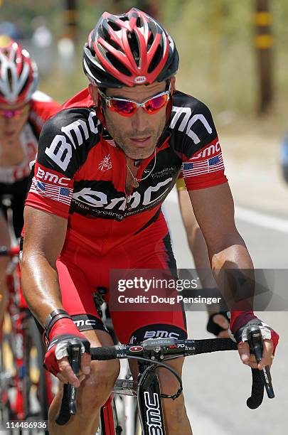 George Hincapie of the BMC Racing Team works in the breakaway as they pass through the Angeles National Forest during stage seven of the 2011 AMGEN...