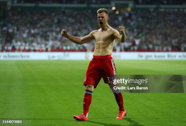 Joshua Kimmich of FC Bayern Muenchen celebrates after the DFB Cup semi final match between Werder Bremen and FC Bayern Muenchen at Weserstadion on...