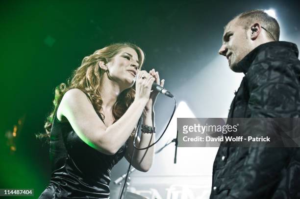 Charlotte Wessels of Delain and Georg Neuhauser of Serenity perform at L'Alhambra on May 21, 2011 in Paris, France.