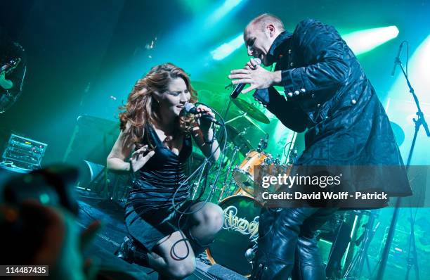 Charlotte Wessels of Delain and Georg Neuhauser of Serenity perform at L'Alhambra on May 21, 2011 in Paris, France.