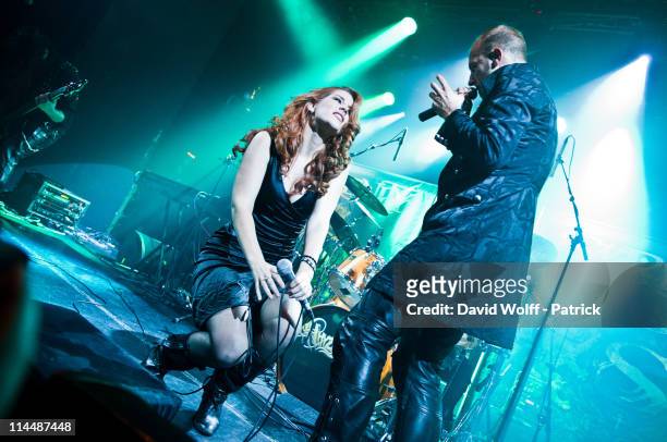 Charlotte Wessels of Delain and Georg Neuhauser of Serenity perform at L'Alhambra on May 21, 2011 in Paris, France.