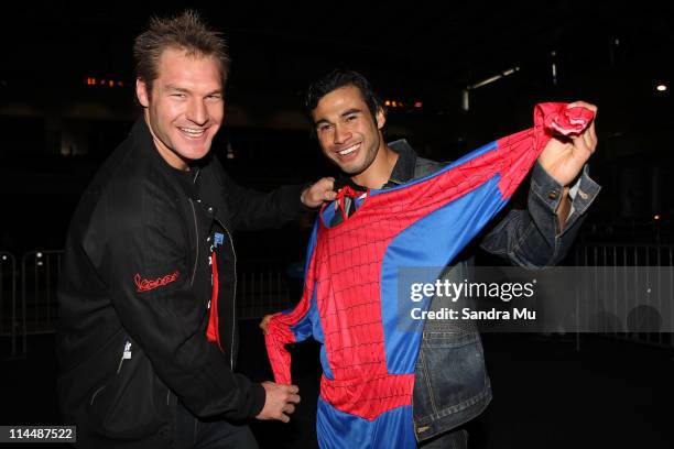 All Black Ali Williams challenges actor Ben Mitchell to run across the field at the Warriors game today dressed as Spiderman during the Rise Up...