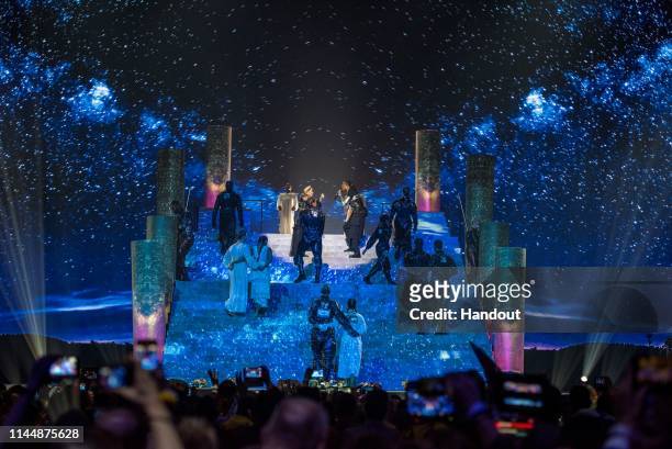 In this Handout provided by ID PR, Madonna performs live on stage during the 64th annual Eurovision Song Contest held at Tel Aviv Fairgrounds on May...