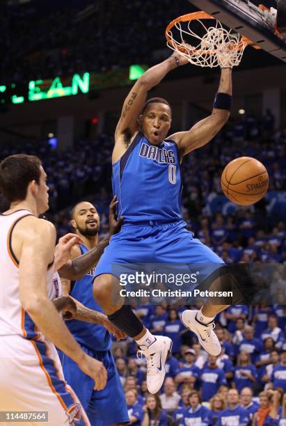 Shawn Marion of the Dallas Mavericks dunks the ball in the first quarter against the Oklahoma City Thunder in Game Three of the Western Conference...