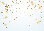 Golden flying blur confetti with motion effect on light white background Template for Holiday vector illustration.