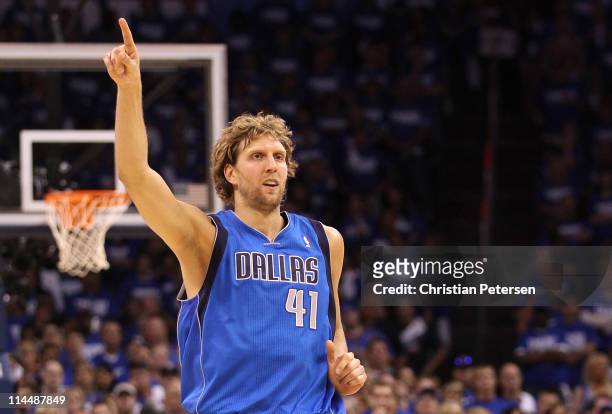 Dirk Nowitzki of the Dallas Mavericks reacts in the second quarter while taking on the Oklahoma City Thunder in Game Three of the Western Conference...