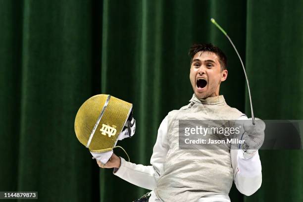 Axel Kiefer of the Notre Dame Fighting Irish celebrates after defeating Sidarth Kumbla of the Columbia Lions during the Division I Men's Fencing...
