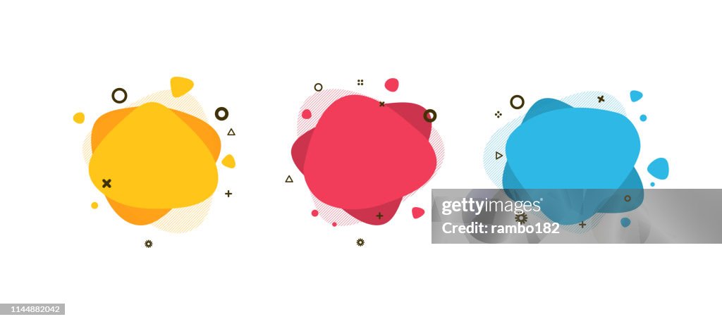 Set of modern abstract liquid shapes and banners. Fluid design. Isolated gradient waves with geometric lines, dots. Vector Illustration. Vibrant badges.