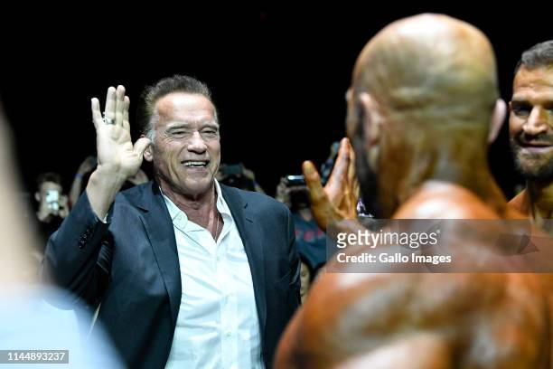 Arnold Schwarzenegger and Elite Pro 2019 IFBB World Professional Bodybuilders during the Arnold Sports Festival Africa 2019 at Sandton Convention...