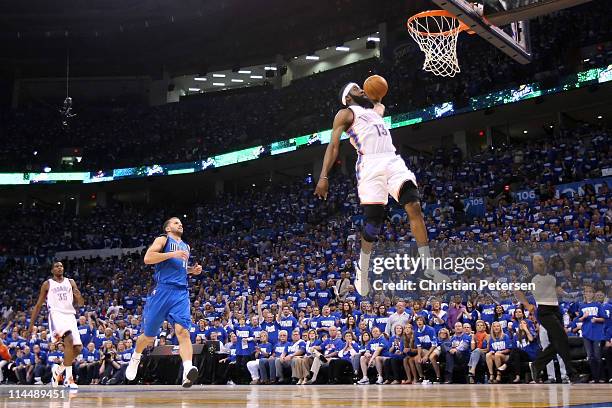 James Harden of the Oklahoma City Thunder dunks the ball in the fourth quarter while taking on the Dallas Mavericks in Game Three of the Western...