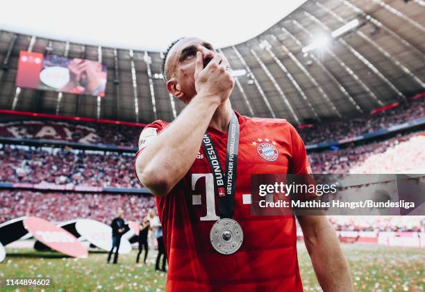 Franck Ribery of FC Bayern München shows his emotions during a farewell round with the fans after the Bundesliga match between FC Bayern München and...