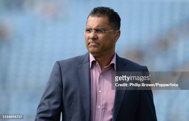 Waqar Younis looks on before the fifth one-day international between England and Pakistan at Headingley on May 19, 2019 in Leed, England.