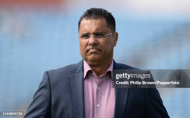 Waqar Younis looks on before the fifth one-day international between England and Pakistan at Headingley on May 19, 2019 in Leed, England.