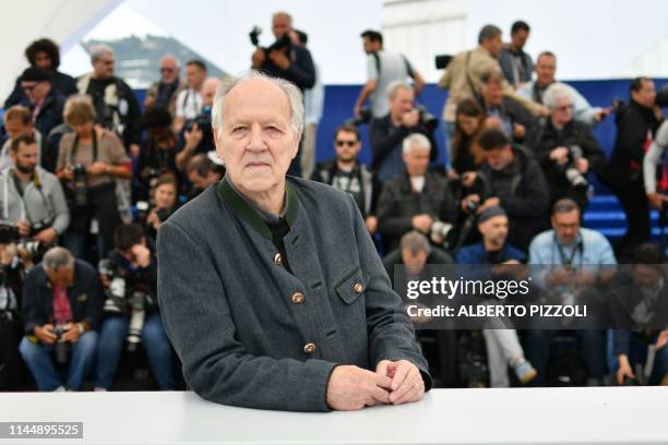 German director Werner Herzog poses during a photocall for the film "Family Romance" at the 72nd edition of the Cannes Film Festival in Cannes,...