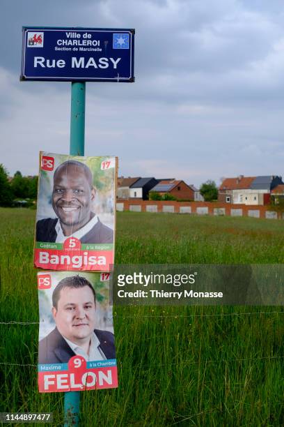 Advertisements for the socialists candidate to the next elections in a field near Marcinelle on May 18, 2019 in Walloon region, Belgium.
