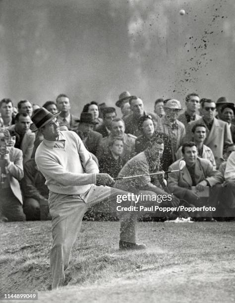 Sam Snead playing out of a bunker to score a double-bogey on this hole during his play-off with Ben Hogan for the Los Angeles Open title on 18th...