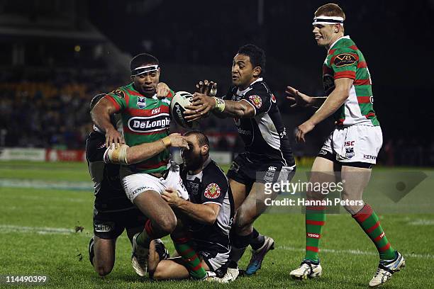 Nathan Merritt of the Rabbitohs charges towards the line during the round 11 NRL match between the Warriors and the South Sydney Rabbitohs at Mt...