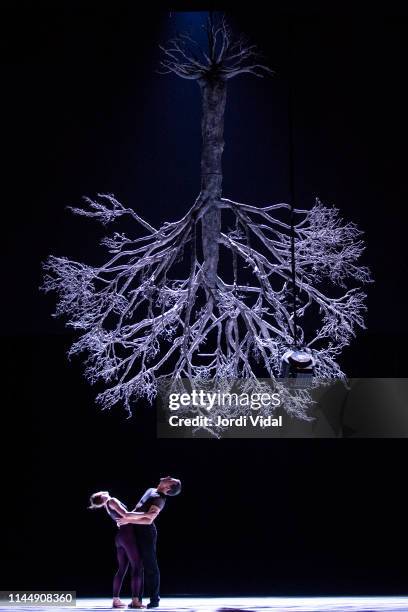 Members of the Ballet de l'Opera de Lyon perform "Wings of Wax" by choreographer Jiri Kylian at Gran Teatre del Liceu on April 24, 2019 in Barcelona,...