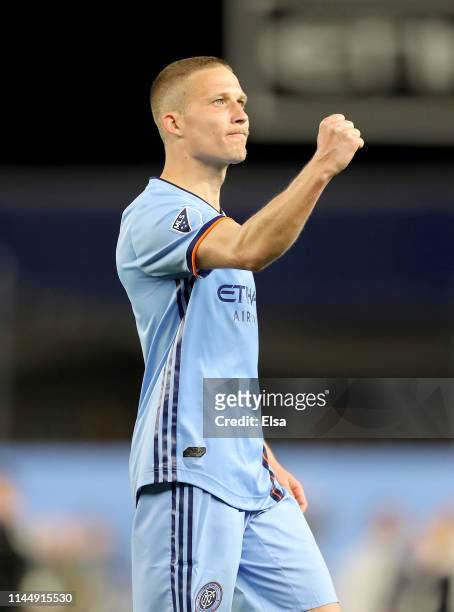 Alexander Ring of New York City FC celebrates the win over the Chicago Fire at Yankee Stadium on April 24, 2019 in the Bronx borough of New York...