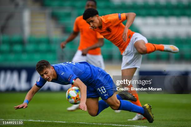 Dublin , Ireland - 19 May 2019; Sebastiano Esposito of Italy in action against Ki-Jana Hoever of Netherlands during the 2019 UEFA U17 European...