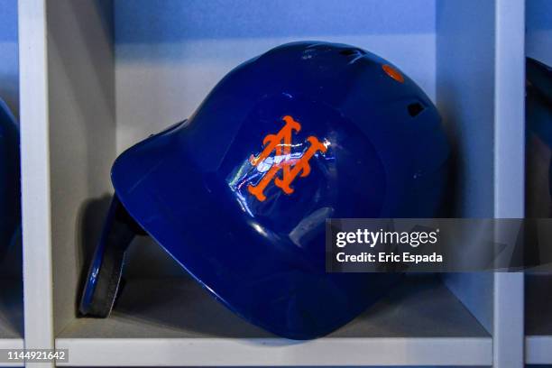 Detailed view of the batting helmet worn by Robinson Cano of the New York Mets before the start of the game against the Miami Marlins at Marlins Park...