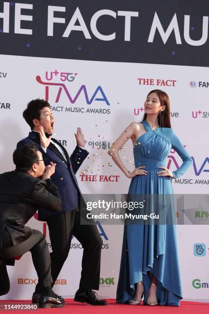 South Korean TV personality Jun Hyun-Moo and Seohyun of South Korean girl group Girls' Generation attend the photocall for U Plus 5G 'The Fact Music...