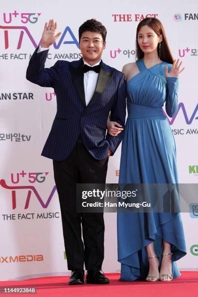 South Korean TV personality Jun Hyun-Moo and Seohyun of South Korean girl group Girls' Generation attend the photocall for U Plus 5G 'The Fact Music...