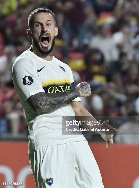Dario Benedetto of Boca celebrates after scoring the second goal of his team via penalty during a group G match between Deportes Tolima and Boca...
