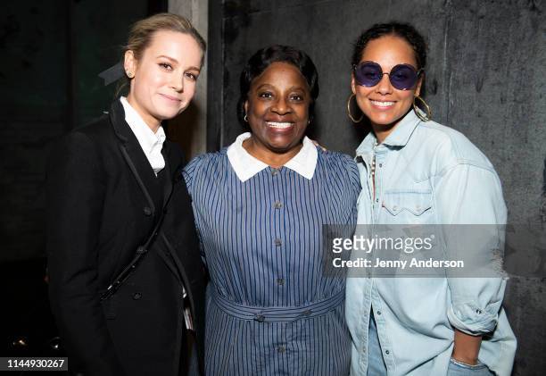 Brie Larson, LaTanya Richardson Jackson and Alicia Keys pose backstage at "To Kill a Mockingbird" at the Shubert Theatre on April 24, 2019 in New...