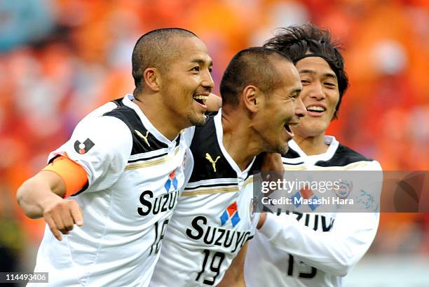 Naohiro Takahara and Shinji Ono ,Toshiyuki Takagi of Shimizu S-Pulse celebrate their second goal during J.League match between Omiya Ardija and...