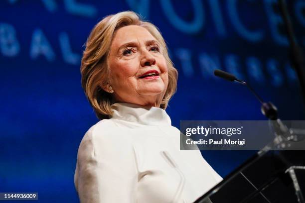 Former Secretary of State Hillary Clinton speaks at the 18th annual Vital Voices Global Leadership Awards at The Kennedy Center on April 24, 2019 in...