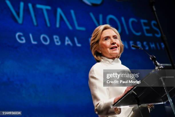 Former Secretary of State Hillary Clinton speaks at the 18th annual Vital Voices Global Leadership Awards at The Kennedy Center on April 24, 2019 in...