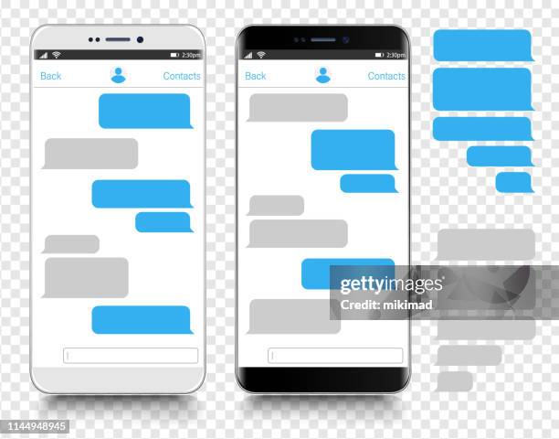 stockillustraties, clipart, cartoons en iconen met tekstberichten. smartphone, mobiele telefoon sjabloon realistische vector illustratie. spraakballon. discussie - online chat