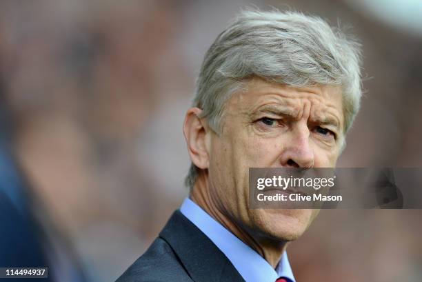 Arsene Wenger of Arsenal looks on during the Barclays Premier League match between Fulham and Arsenal at Craven Cottage on May 22, 2011 in London,...