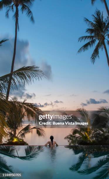 woman in a pool on the beach - infinity pool stock-fotos und bilder