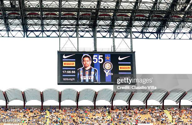 Yuto Nagatomo of FC Inter Milan is displayed on a screeen during the Serie A match between FC Internazionale Milano and Catania Calcio at Stadio...
