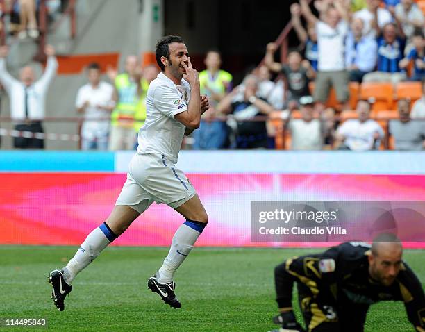 Giampaolo Pazzini of FC Inter Milan celebrates scoring the first goal during the Serie A match between FC Internazionale Milano and Catania Calcio at...