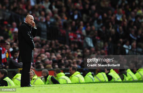 Ian Holloway manager of Blackpool looks dejected during the Barclays Premier League match between Manchester United and Blackpool at Old Trafford on...