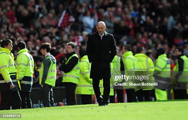 Ian Holloway manager of Blackpool looks dejected during the Barclays Premier League match between Manchester United and Blackpool at Old Trafford on...