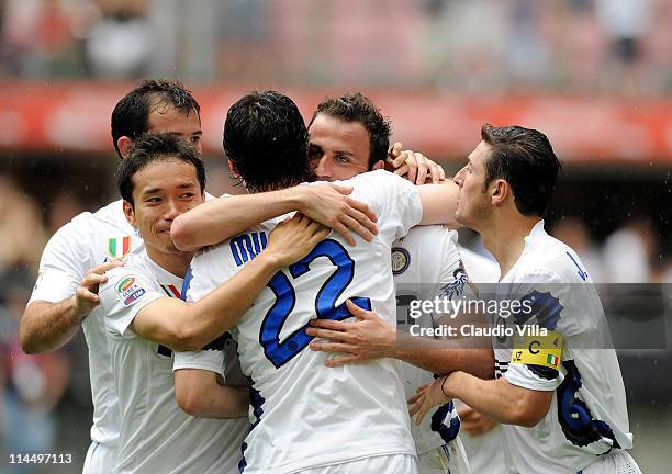 Giampaolo Pazzini of FC Inter Milan celebrates scoring the second goal during the Serie A match between FC Internazionale Milano and Catania Calcio...