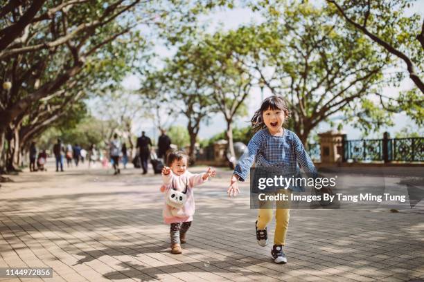 lovely little siblings running, chasing and playing in the park joyfully - asian family in park stock-fotos und bilder