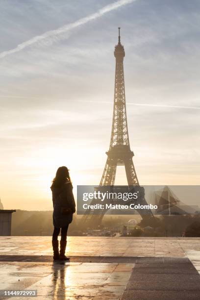 lonely woman standing in front of the eiffel tower, paris - woman front and back stockfoto's en -beelden