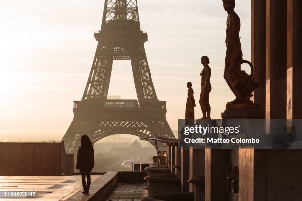 woman standing in front of the eiffel tower, paris - palais de chaillot stock-fotos und bilder