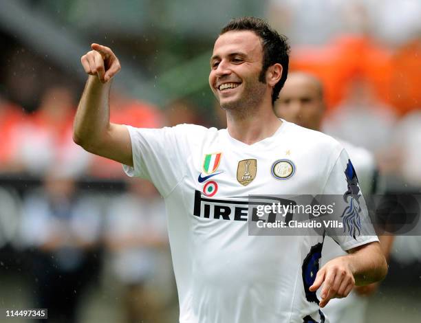 Giampaolo Pazzini of Inter Milan celebrates after scoring during the Serie A match between FC Internazionale Milano and Catania Calcio at Stadio...