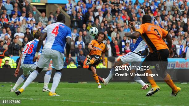 Stephen Hunt of Wolves scores to make it 3-2 during the Barclays Premier League match between Wolverhampton Wanderers and Blackburn Rovers at...