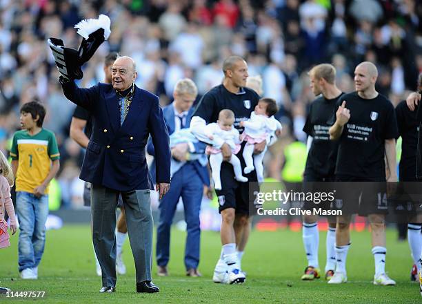 Mohammed Al Fayed of Fulham waves to the crowd after the Barclays Premier League match between Fulham and Arsenal at Craven Cottage on May 22, 2011...