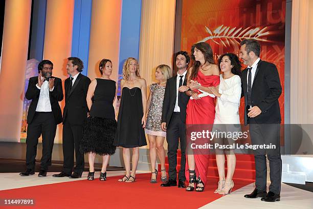 Director Maiwenn Le Besco and the cast and crew on stage after winning the Jury Prize Award for "Polisse" attend the Closing Ceremony at the Palais...