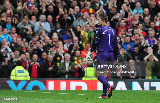 Captain Edwin van der Sar of Manchester United looks on after his final league match in the Barclays Premier League match between Manchester United...